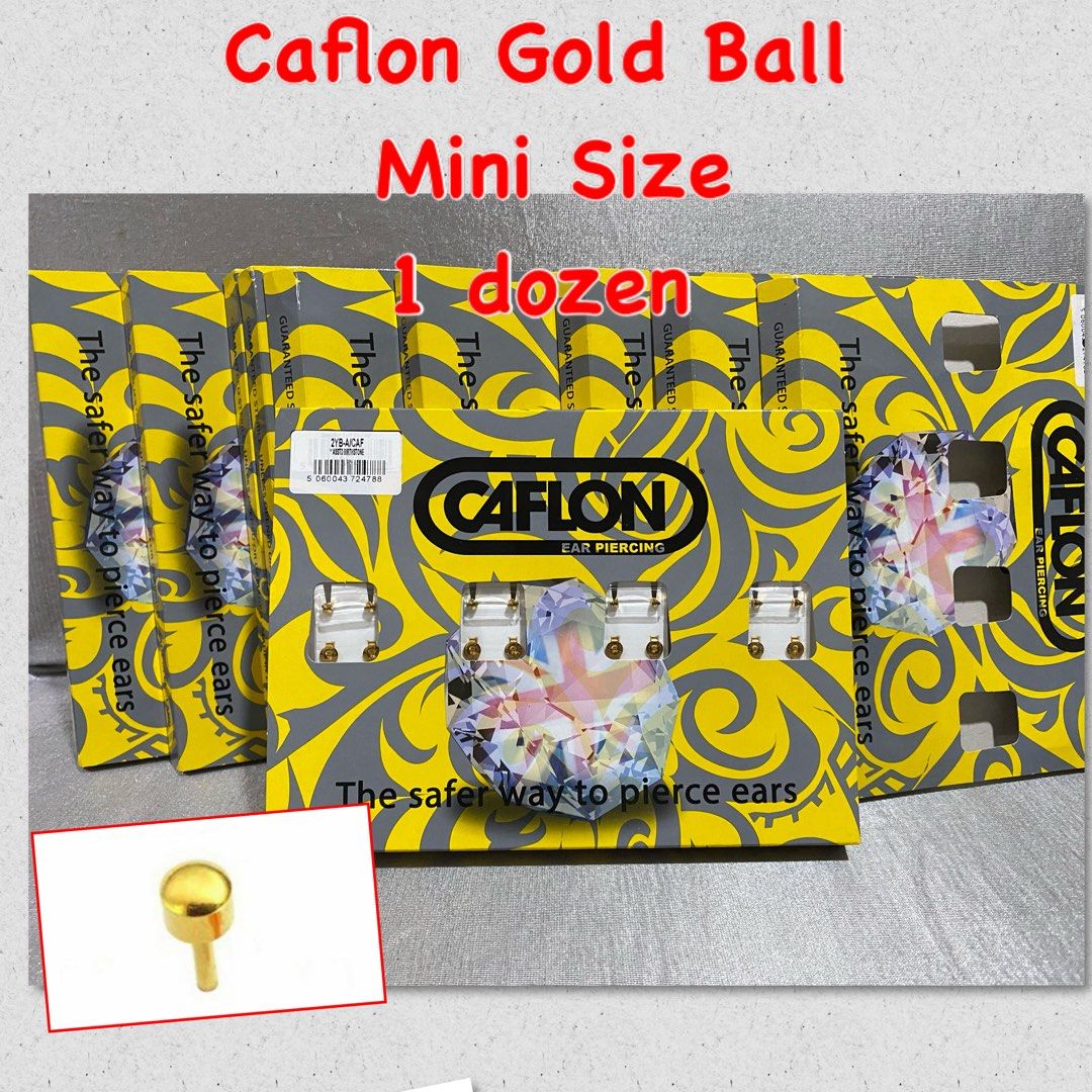 Caflon Gold Ball Mini Size Ear Piercing Studs (Category: Earrings) located in Makati City. Submitted by tybexpress (Listing ID 1409338626, Image 1). Description: - Caflon Gold Ball Mini Ear Piercing Studs - Each box contains a set of studs. - Mini size, perfect for ear piercing. - Gold ball design. 1 dozen.