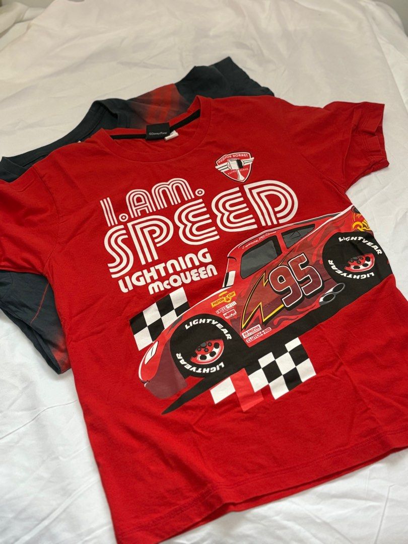 Cars Lightning McQueen T-shirts (Category: Babies & Kids Fashion) located in Norzagaray. Submitted by laurainees93109 (Listing ID 1409430610, Image 3). Description: 10/10 CONDITION. ORIGINAL SLIGHTLY USED - Lightning McQueen t-shirts available! - Choose from two designs: - Red shirt with "I AM SPEED" graphic - Dark grey shirt with "WATCH ME GET AWAY" graphic - Made from comfortable cotton material. - Ideal for casual wear..