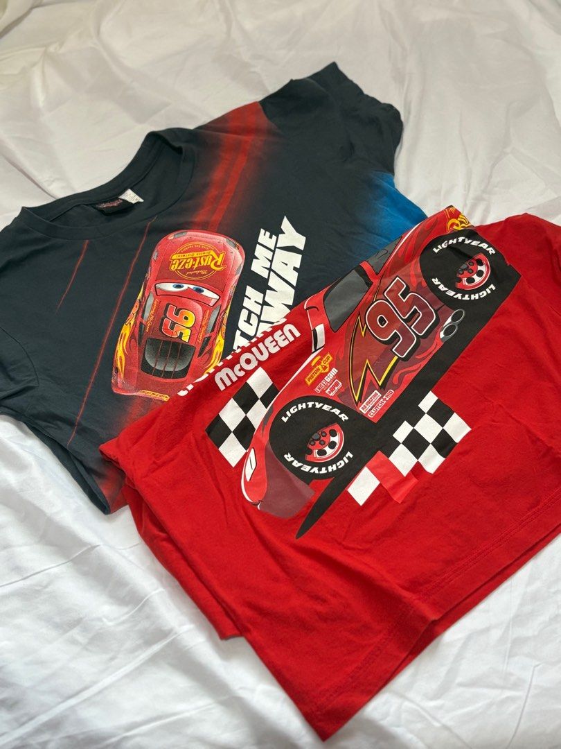 Cars Lightning McQueen T-shirts (Category: Babies & Kids Fashion) located in Norzagaray. Submitted by laurainees93109 (Listing ID 1409430610, Image 1). Description: 10/10 CONDITION. ORIGINAL SLIGHTLY USED - Lightning McQueen t-shirts available! - Choose from two designs: - Red shirt with "I AM SPEED" graphic - Dark grey shirt with "WATCH ME GET AWAY" graphic - Made from comfortable cotton material. - Ideal for casual wear..