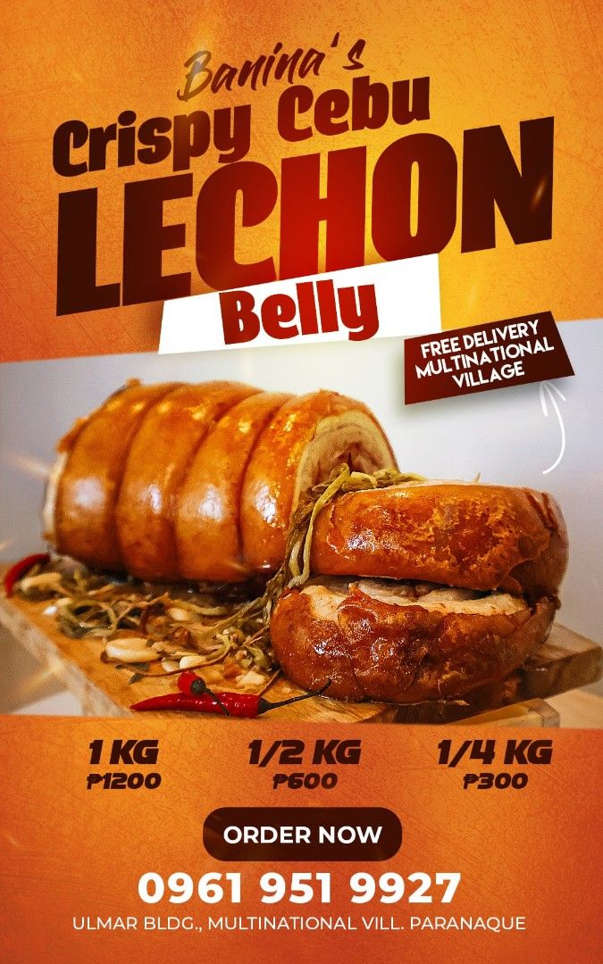 Cebu Crispy Lechon Belly (Category: Local Eats) located in Paranaque City. Submitted by ascendhomeware (Listing ID 1409275756, Image 3). Description: Planning a reunion, or birthday party or any celebration? Make it extra special with our 5-kg Cebu-style Lechon Belly, good for up to 35 guests; 6-kg good for 40. Experience the true Cebu level flavor — the taste, the crispiness, the aroma — all in one perfectly roasted roll. Banina's Cebu Lechon Be