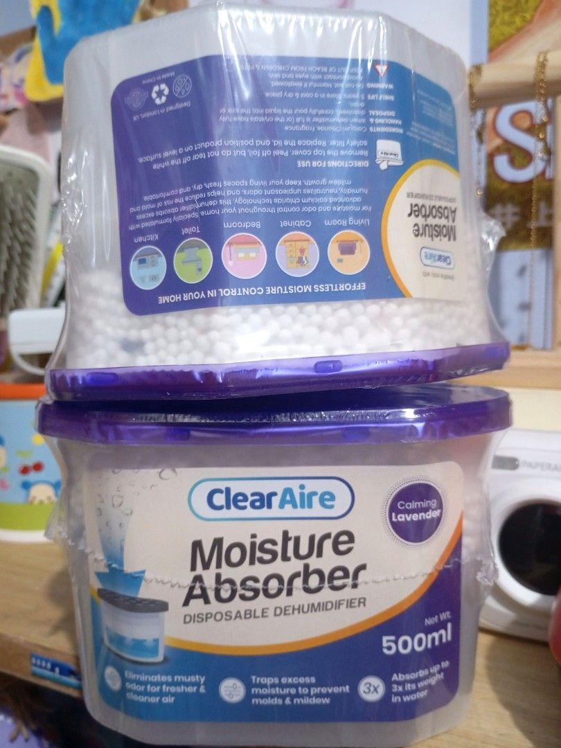 ClearAire Moisture Absorber 500ml Calming Lavender Set (Category: Baby Toiletries & Grooming) located in Quezon City. Submitted by ana-chan (Listing ID 1409361361, Image 1). Description: ClearAire Moisture Absorber with Calming Lavender scent. Each container holds 500ml. It is a disposable dehumidifier designed to eliminate musty odors and trap excess moisture to prevent molds and mildew. The product is suitable for various areas in your home. Th