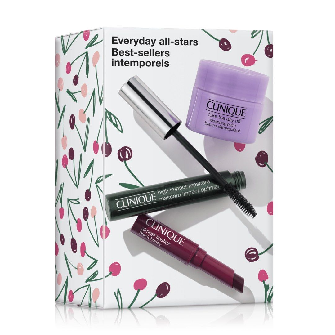 Clinique Everyday All-Stars gift set (Category: Makeup) located in Valenzuela. Submitted by estieelan (Listing ID 1409376930, Image 1). Description: FRESH STOCK CULT FAVORITES IN A GIFT SET LIMITED EDITION PERFECT FOR GIFTING Take The Day Off Cleansing Balm: A lightweight balm-to-oil makeup remover that quickly dissolves tenacious eye and face makeup without leaving a greasy residue. High Impact Mascara in Black: A mascara that provides full volu