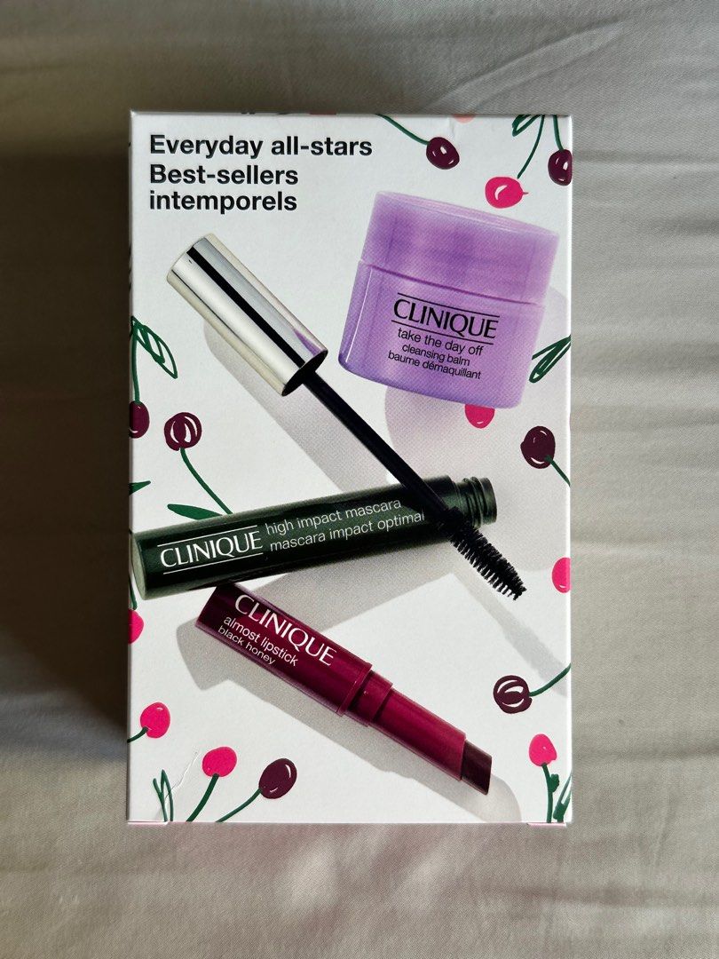 Clinique Everyday All-Stars gift set (Category: Makeup) located in Valenzuela. Submitted by estieelan (Listing ID 1409376930, Image 3). Description: FRESH STOCK CULT FAVORITES IN A GIFT SET LIMITED EDITION PERFECT FOR GIFTING Take The Day Off Cleansing Balm: A lightweight balm-to-oil makeup remover that quickly dissolves tenacious eye and face makeup without leaving a greasy residue. High Impact Mascara in Black: A mascara that provides full volu