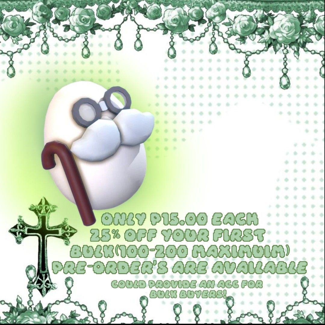 Selling cheap retired eggs • Adopt Me (Category: In-Game Products) located in Quezon City. Submitted by nooym. (Listing ID 1409331309, Image 1). Description: Strictly payments first only! - Price: P5 each - Bulk buyers get freebie's - 25% discount on first bulk purchase (100-200) - Pre-orders accepted.
