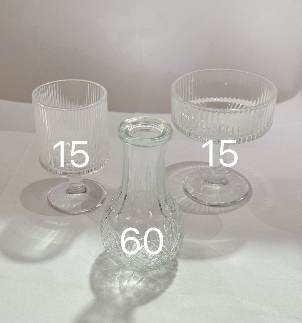 Elegant French Glass Vases (Perfect for Weddings / Private Events) (Category: Vases & Decorative Bowls) located in Kuala Lumpur. Submitted by lintenoviel (Listing ID 1409267651, Image 1). Description: Elegant French Glass Vases (Perfect for Weddings / Private Events) Item Condition - Brand New 10/10 Item sold as - 60units 15units 15units lot (Must buy all 90) 90 units - RM5.50 per piece average Set of beautiful glass vases and dessert cups. Inclu