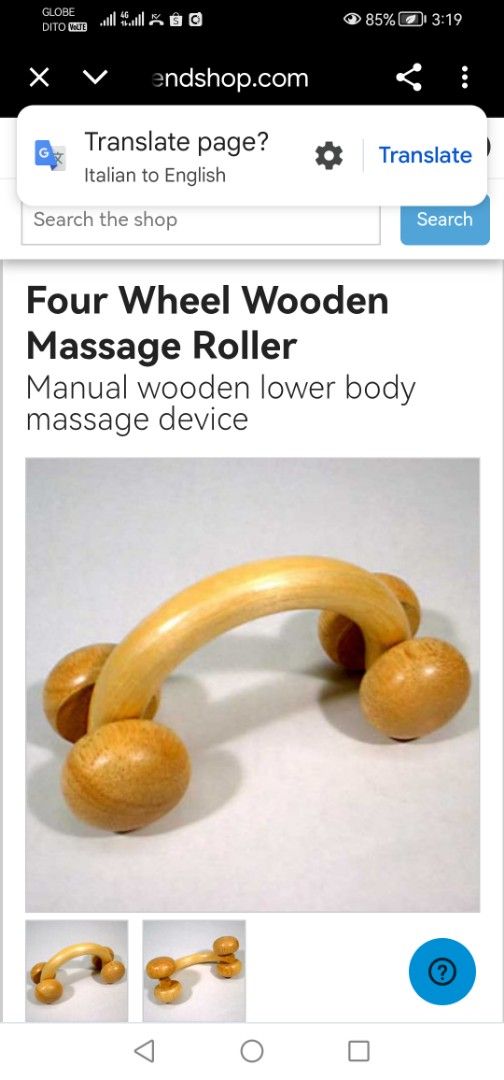Four Wheel Wooden Massage Roller (Category: Massage Devices) located in Liloan. Submitted by aidolcapz88 (Listing ID 1409323459, Image 3). Description: - Wooden massage roller - Designed for lower body massage - Features four wheels - Curved handle for easy grip - Made of light-colored wood - Simple and effective for muscle relief.