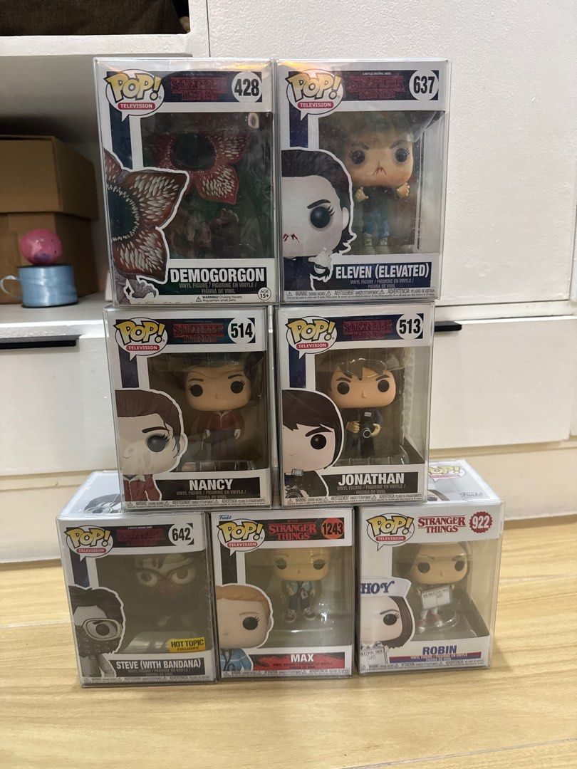 Funko Pop! Stranger Things Figures (Category: Designer & Blind Box Toys) located in Manila. Submitted by azulflyer (Listing ID 1409431235, Image 1). Description: - Stranger Things Funko Pop! collection - Includes: Demogorgon, Eleven (Elevated), Nancy, Jonathan, Steve (with bandana), Max, and Robin - All figures are in their original boxes - Perfect for fans and collectors - Free Funko Pop Protector PRICE NEGOTIABLE IF WILL BUY MULTIPLE Demogorgon