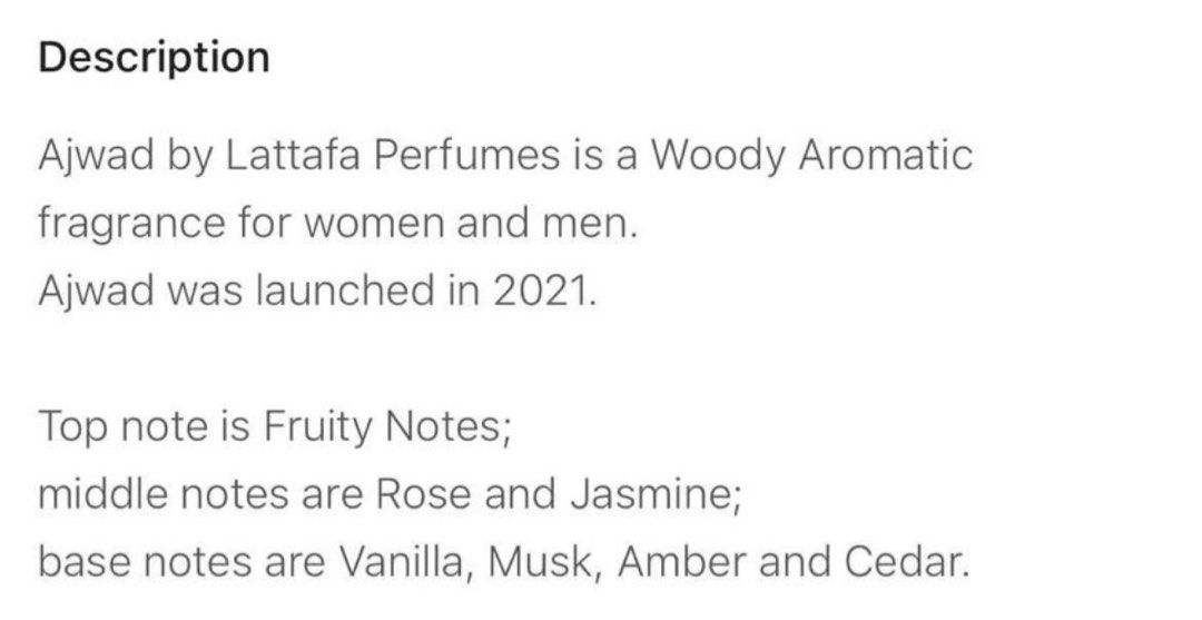 Lattafa Ajwad Eau de Parfum 60ml (Category: Fragrance & Deodorants) located in Cebu City. Submitted by arce1108 (Listing ID 1409359910, Image 2). Description: Brand new. Unisex. Bought from Qatar..