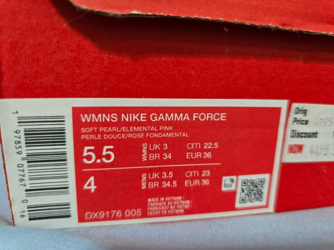 PAMIGAY SALE Nike Wmns Gamma Force - Soft Pearl/Elemental Pink (Category: Sneakers) located in Marikina City. Submitted by closetbuffet (Listing ID 1409378789, Image 2). Description: Nike Gamma Force Sneakers – Size 5.5 (Women) ✨ Condition: Pre-loved, good condition (just needs cleaning) 📦 Includes: Original Nike box 👟 Model: WMNS Nike Gamma Force 🎨 Color: Soft Pearl / Elemental Pink 📏 Size: US 5.5 (Women) / UK 3 / EUR 36 ✅ Features: Stylish 