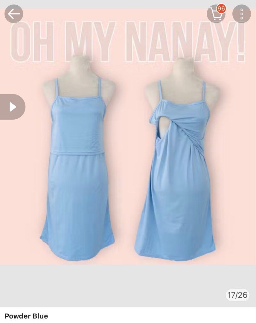 Nursing Dress (Category: Dresses) located in Quezon City. Submitted by chi_declutters (Listing ID 1409417665, Image 3). Description: 70 pesos each 200 pesos if 3pcs RFS: decluttering and once used - Available colors: bridal pink, white, powder blue - Design: Simple with spaghetti straps - Length: Knee-length - Features: Designed for easy nursing access - Benefits: Comfortable and practical for new mothers.