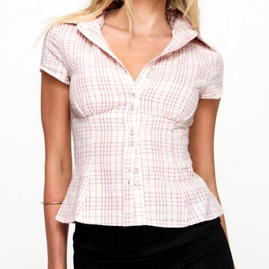 Pink Plaid Button-Down Blouse (Category: Dresses) located in San Fernando. Submitted by decluttrwithella (Listing ID 1409329786, Image 1). Description: Originally bought it for 500+ Size: Small Color: Pink (colors shown in photos may vary slightly due to lighting and different screens) Condition: Super cute, worn once, no flaws!👌 PLS READ👇 - Payments thru Gcash - Shipping thru J&T - No when worn photos unless uploaded - Serious buyers only! No 