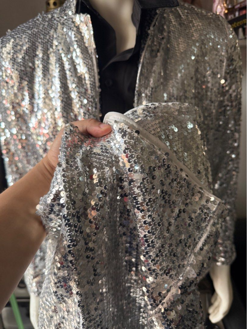 SILVER SEQUINS COORDINATES UNISEX (Category: Sets & Coordinates) located in Las Pinas. Submitted by sellerkjb (Listing ID 1409423783, Image 2). Description: BRAND NEW small coat — width 19” — length 26” pants — waist 28-38” — length 42”.