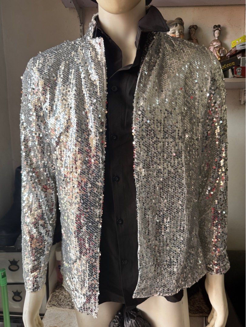SILVER SEQUINS COORDINATES UNISEX (Category: Sets & Coordinates) located in Las Pinas. Submitted by sellerkjb (Listing ID 1409423783, Image 1). Description: BRAND NEW small coat — width 19” — length 26” pants — waist 28-38” — length 42”.