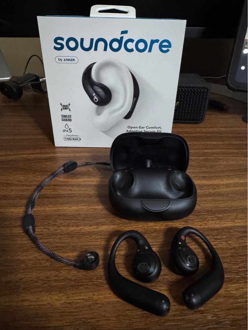 Soundcore by Anker Aerofit Pro, Bluetooth Earbuds (Category: Earphones) located in Manila. Submitted by patrickneil09 (Listing ID 1409365672, Image 1). Description: - ￼Soundcore by Anker Aerofit Pro, Bluetooth Earbuds - Color: Black - Secure hook design for a comfortable and stable fit - Includes charging case - Soundcore branding visible on case and earbuds RFS: extra earphones.