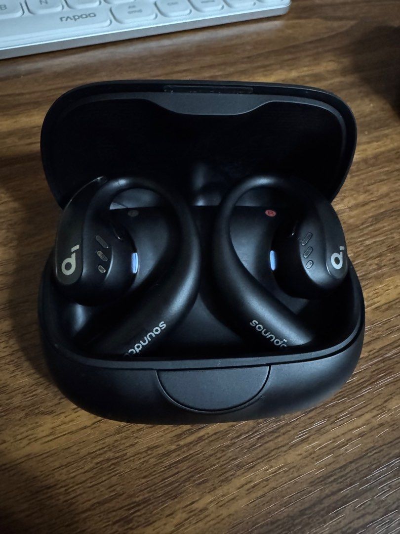 Soundcore by Anker Aerofit Pro, Bluetooth Earbuds (Category: Earphones) located in Manila. Submitted by patrickneil09 (Listing ID 1409365672, Image 3). Description: - ￼Soundcore by Anker Aerofit Pro, Bluetooth Earbuds - Color: Black - Secure hook design for a comfortable and stable fit - Includes charging case - Soundcore branding visible on case and earbuds RFS: extra earphones.