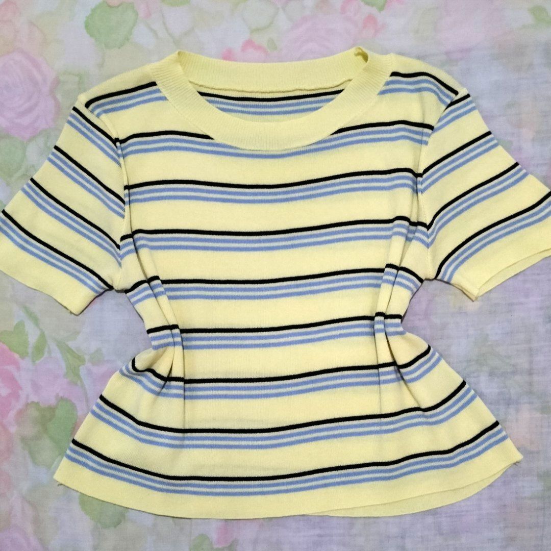 Striped Yellow Knit T-shirt (Category: Shirts) located in San Fernando. Submitted by decluttrwithella (Listing ID 1409329003, Image 1). Description: Size: S-M, measurements are shown in the photos (please allow 1-2 cm difference)📸 Color: Yellow with blue and black stripes (colors shown in photos may vary slightly due to lighting and different screens) Condition: No flaws!👌 PLS READ👇 - Payments thru Gcash - Shipping thru J&T - No when worn phot