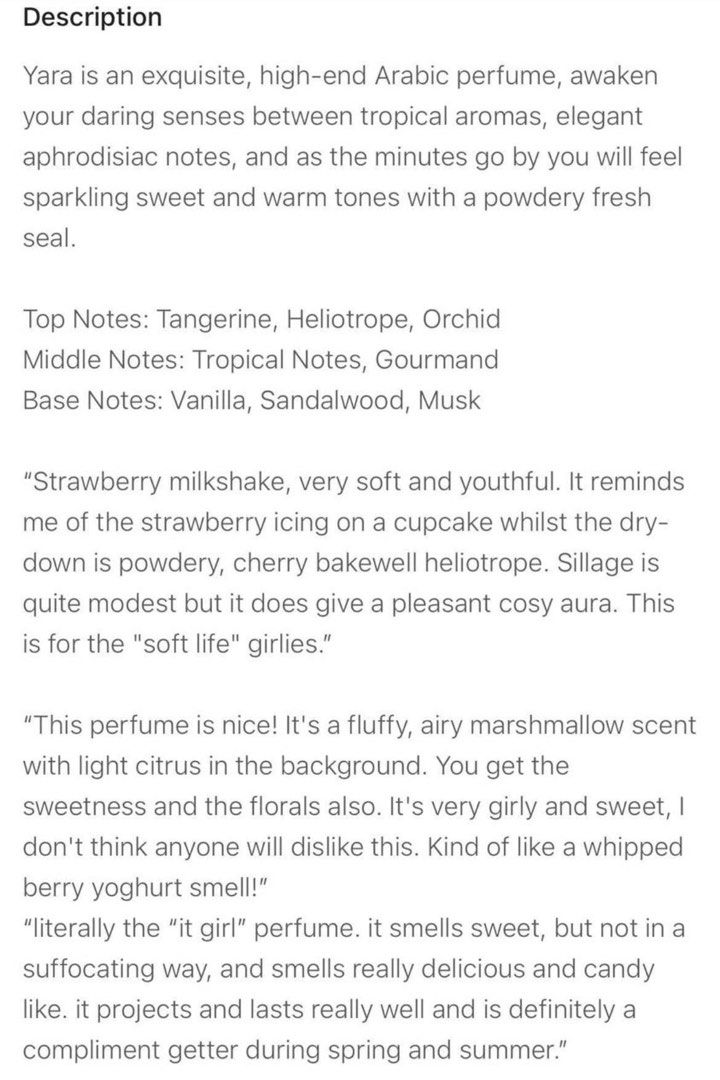 Yara Lattafa 100ml Perfume (Category: Fragrance & Deodorants) located in Cebu City. Submitted by arce1108 (Listing ID 1409358976, Image 2). Description: Brand new perfume for young, playful and adventurous woman. Made in UAE. Original Bought from Qatar..