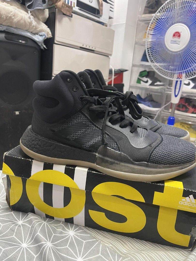 Adidas Marquee Boost Basketball Shoes (Category: Sneakers) located in Manila. Submitted by ferdzdelr35380 (Listing ID 1409488525, Image 1). Description: - Adidas Marquee Boost basketball shoes - Color: Black - High-top design - Mesh upper - Boost midsole - Size: US 12, EUR 46, 300mm - Includes original box - Price tag: PHP 7,500.00 ISSUE: For slight mid-sole reglueing.
