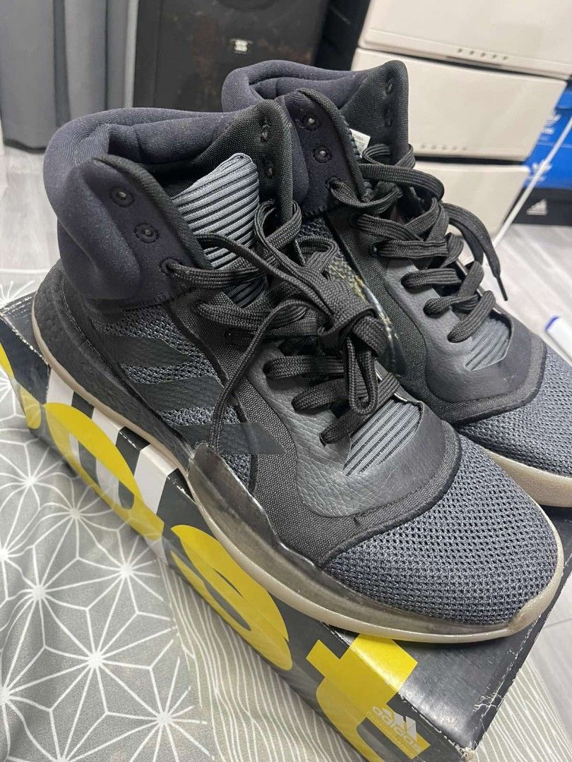 Adidas Marquee Boost Basketball Shoes (Category: Sneakers) located in Manila. Submitted by ferdzdelr35380 (Listing ID 1409488525, Image 2). Description: - Adidas Marquee Boost basketball shoes - Color: Black - High-top design - Mesh upper - Boost midsole - Size: US 12, EUR 46, 300mm - Includes original box - Price tag: PHP 7,500.00 ISSUE: For slight mid-sole reglueing.
