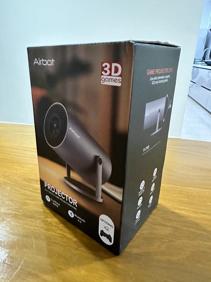Airbot Projector (Category: Projectors) located in Singapore. Submitted by foong001 (Listing ID 1409562899, Image 1). Description: Airbot Multimedia Projector PJ168 Wireless Mini Projector Portable HD 1080P 4K Support Gaming Ceiling Projector Condition: like new, only used once. Light weight Brand: Airbot Model: PJ168 Connections: wifi 6+, Bluetooth 5.4, USB and HDMI Support 4K resolution and 1080P Projection angle: 180 degree Support YouTube app