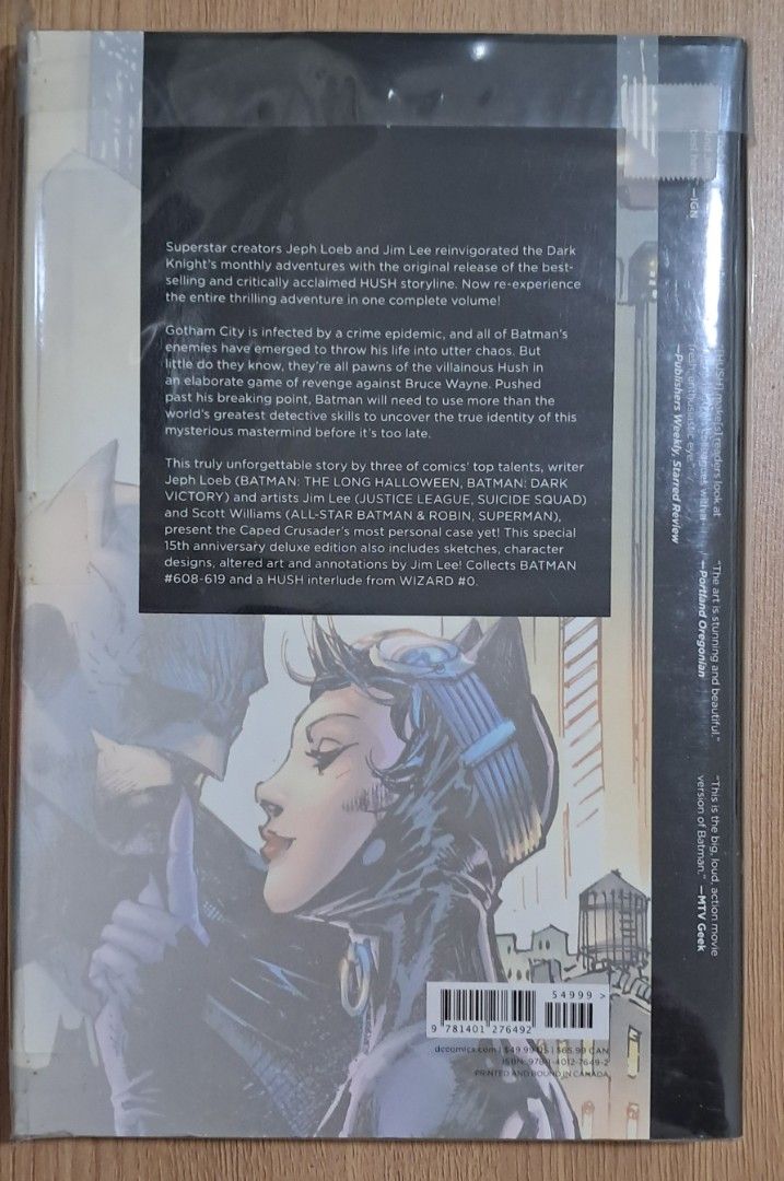 Batman: Hush 15th Anniversary Deluxe Edition (Category: Comics & Manga) located in Quezon City. Submitted by ernestamaru2 (Listing ID 1409588109, Image 2). Description: Batman: Hush 15th Anniversary Deluxe Edition. This volume features the complete Hush storyline, where Batman faces a mysterious foe. The story is written by Jeph Loeb and Jim Lee. It includes a Hush interlude from Wizard #0. The book features Batman and Catwoman on the cover..