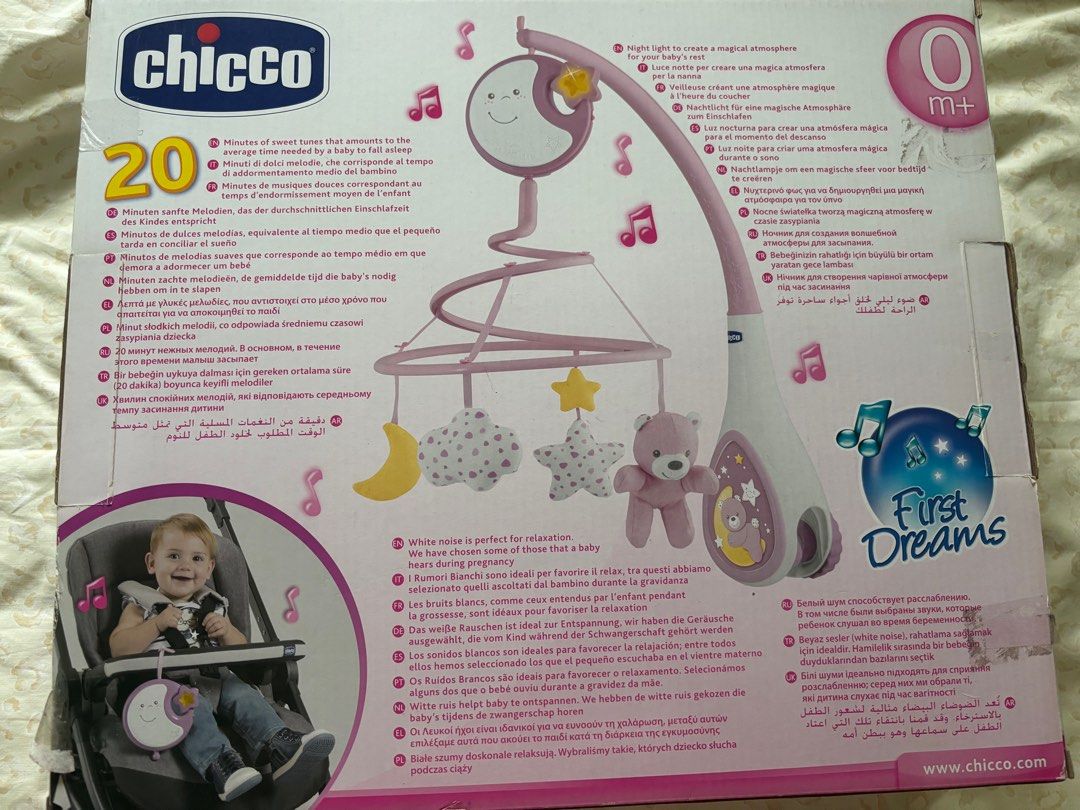 Chicco First Dreams Next2Dreams 3-in-1 Cot Mobile (Category: Cots & Cribs) located in Quezon City. Submitted by sabmarine (Listing ID 1409498853, Image 2). Description: - Chicco Next2Dreams 3-in-1 cot mobile - Pink color with moon and star designs - Compatible with Next2Me cribs and wooden cribs.