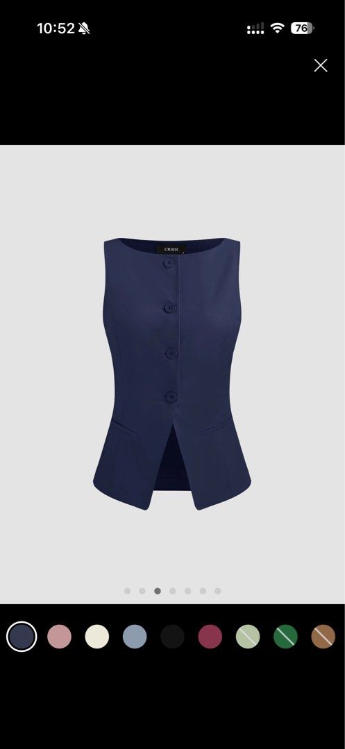 Cider Woven Boat Neck Solid Button Vest (Category: Blouses) located in Manila. Submitted by vdecluttered (Listing ID 1409581852, Image 1). Description: - Cider navy vest, size S. - Button-down design. - Tailored fit. - Boatneck style. - Unique split front. - Versatile for layering or standalone wear. Very nice material and design. Perfect for work and can be dressed down with jeans. Used but no signs of usage..