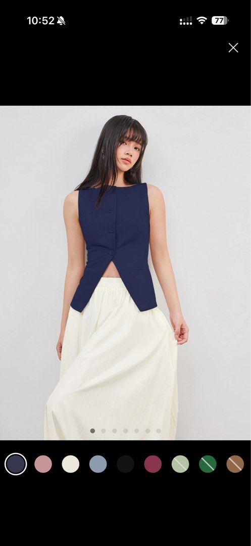 Cider Woven Boat Neck Solid Button Vest (Category: Blouses) located in Manila. Submitted by vdecluttered (Listing ID 1409581852, Image 2). Description: - Cider navy vest, size S. - Button-down design. - Tailored fit. - Boatneck style. - Unique split front. - Versatile for layering or standalone wear. Very nice material and design. Perfect for work and can be dressed down with jeans. Used but no signs of usage..