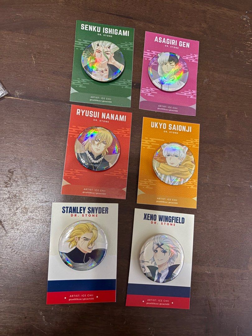 Dr. Stone Anime Button Pins and Acrylic Stands (Category: Character Goods) located in Cavite. Submitted by icechii10079012 (Listing ID 1409591545, Image 2). Description: Button pins = Php 50 each Acrylic Standees + one free button pin =Php 450 (except armour Stan= Php 500; Ukyo = Php 400).