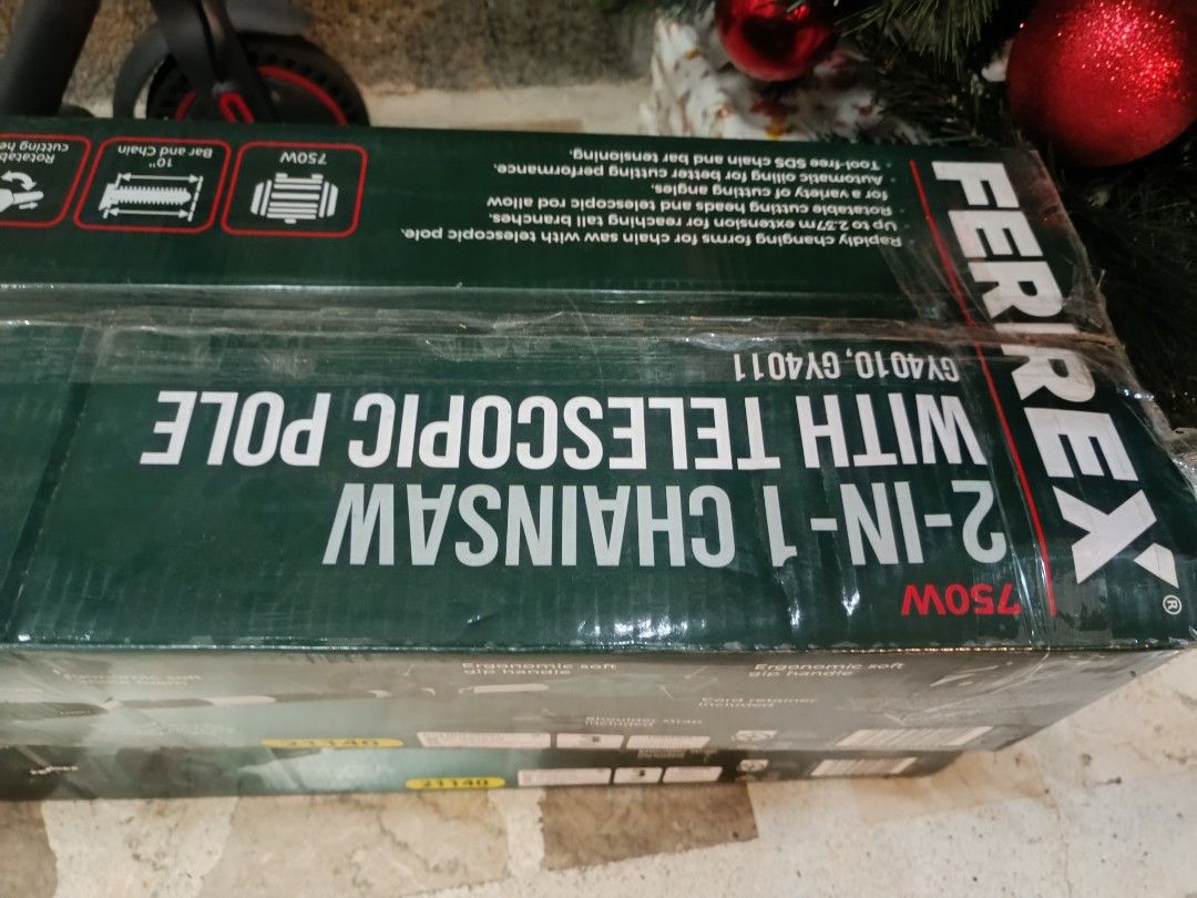 Ferrex 2-in-1 Chainsaw with Telescopic Pole (Category: Construction Tools & Equipment) located in Tarlac. Submitted by ibrahimharb81 (Listing ID 1409562618, Image 1). Description: Ferrex 2-in-1 Chainsaw features a telescopic pole for reaching tall branches. It has a 10" bar and chain, and a 750W motor. The cutting head is rotatable for cutting angles. It extends up to 2.57m. It also has automatic oiling for better cutting performance and tool-fre