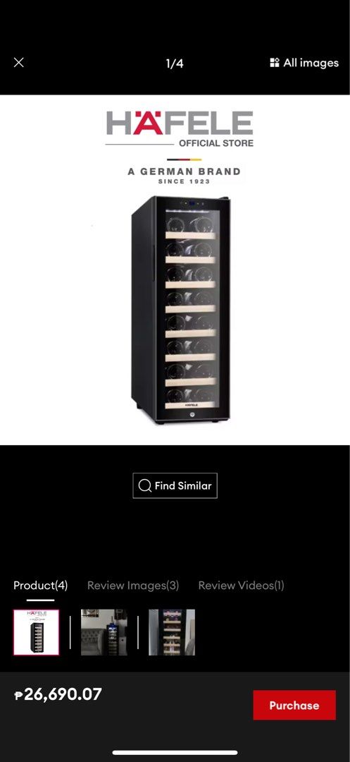 Hafele Wine Cooler (Category: Other Kitchenware & Tableware) located in Taguig. Submitted by lalacuison (Listing ID 1409471762, Image 1). Description: Just bought this aug 2025 Barely used Rfs: too big - Hafele wine cooler - Stylish black design - Glass door display - Multiple shelves for organization - German brand: Quality and design - Ideal for wine enthusiasts Delivery c/o buyer.