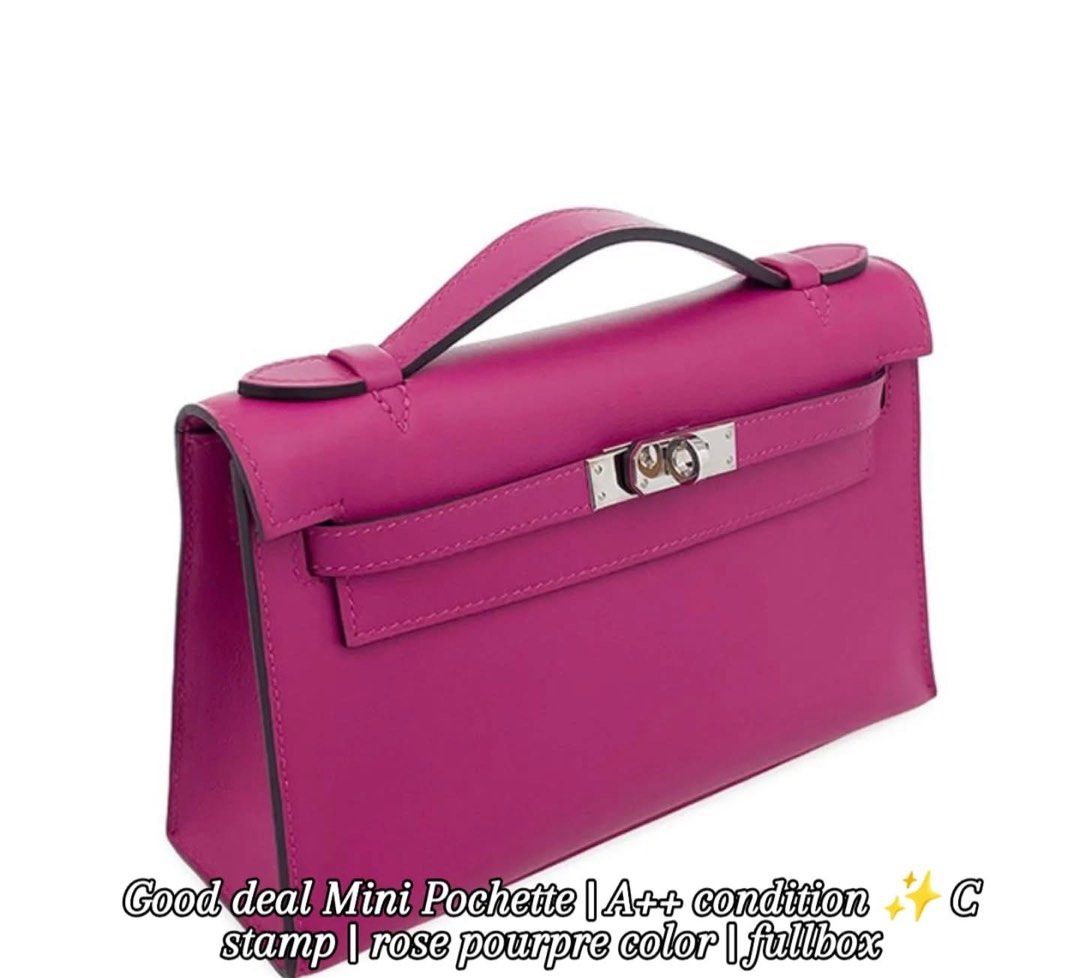 Hermes Mini Pochette Rose Pourpre (Category: Luxury Bags & Wallets) located in Manila. Submitted by mariasells05 (Listing ID 1409520127, Image 1). Description: - Authentic Hermes Mini Pochette - Color: Rose Pourpre - Features top handle and turn-lock closure - Includes full box - C stamp - Vibrant color, clean interior - Stylish and compact.