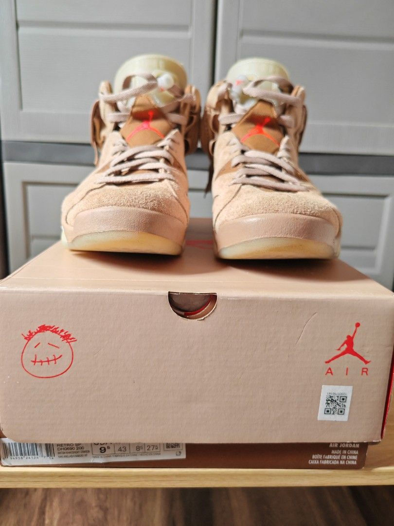 Jordan 6 Travis Scott britsh khaki (Category: Sneakers) located in Cabuyao City. Submitted by jeromecgo (Listing ID 1409495451, Image 1). Description: For sale pair from Singapore 100% authentic Jordan 6 Travis Scott britsh khaki US 9.5 Used, no issue with box, 2 extra laces, dust bag *PRICE FIRM* lowest in the market, in-demand size meet up: laguna area, if metro manila, meet in my convenience delivery: buyer's expense tag: Nike, Jordan, Adidas,