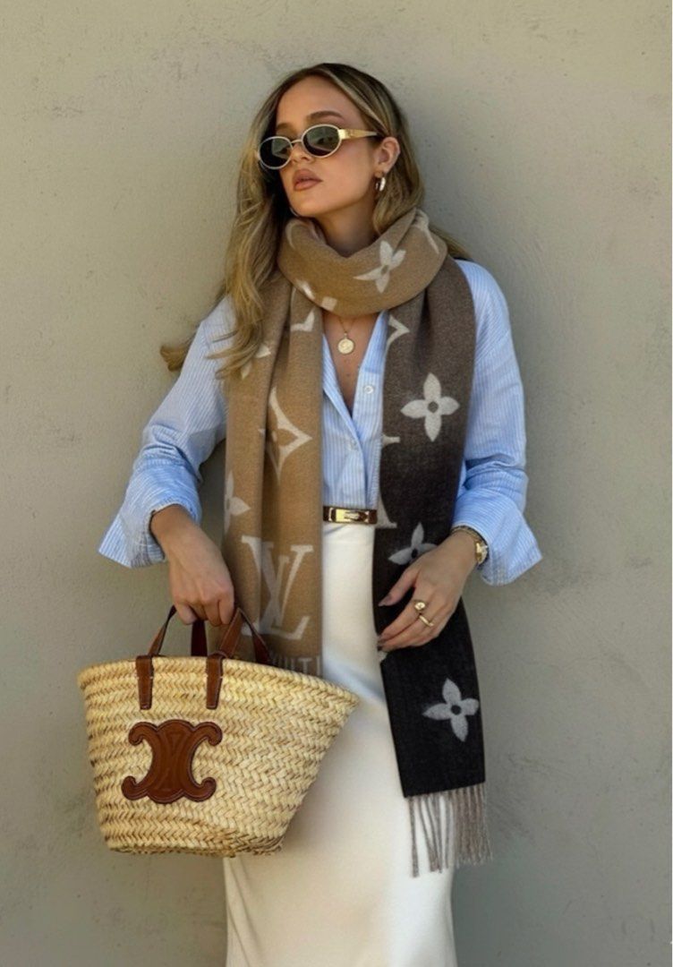 ⚜️LV - Reykjavik Gradient Scarf (Category: Luxury Accessories) located in Makati City. Submitted by 90sangel (Listing ID 1409563989, Image 1). Description: •Item: LV Reykjavik Gradient Scarf 🤎⚜️ •Size: 74.8 x 17.7 inches (With tassels) Beige 100% cashmere Jacquard weave Gradient effect •Condition: Brand New condition, includes paperbag *12k PHP — comes complete with LV box, cards & paperbag. .