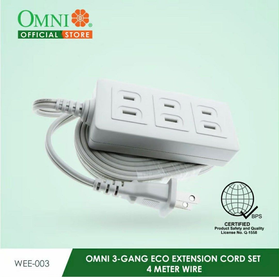 Omni WEE-003-PK (Category: Electrical, Adaptors & Sockets) located in Manila. Submitted by o.t.o_solar_xinmey_lighting (Listing ID 1409471727, Image 1). Description: •Eco extension cord set. •3 Gang. •4 meter wire. •2,000 watts. •10A, 250V~.