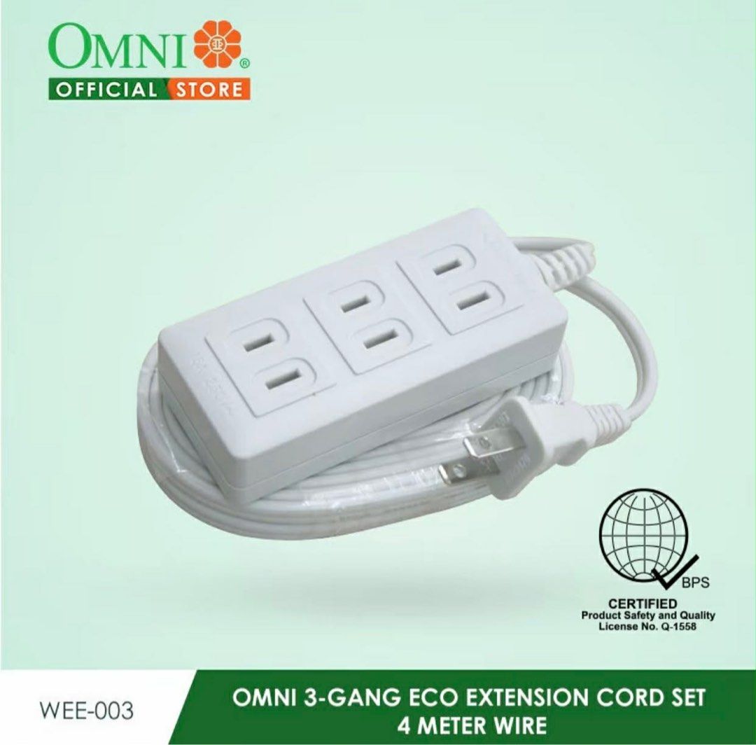 Omni WEE-003-PK (Category: Electrical, Adaptors & Sockets) located in Manila. Submitted by o.t.o_solar_xinmey_lighting (Listing ID 1409471727, Image 3). Description: •Eco extension cord set. •3 Gang. •4 meter wire. •2,000 watts. •10A, 250V~.