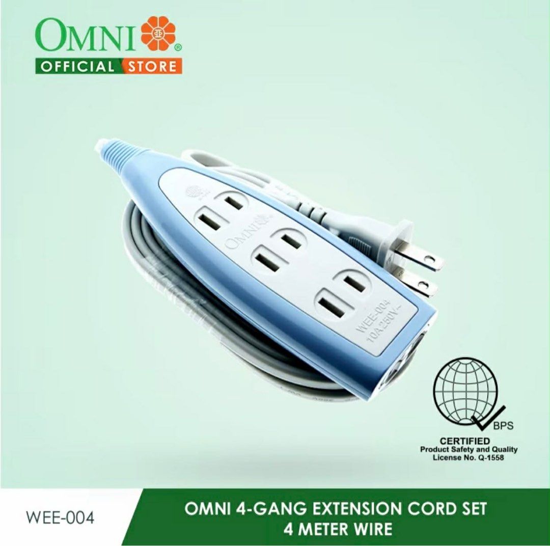 Omni WEE-004-PK (Category: Electrical, Adaptors & Sockets) located in Manila. Submitted by o.t.o_solar_xinmey_lighting (Listing ID 1409472358, Image 1). Description: •Extension cord set. •4 Gang. •4 meter wire. •2,000 watts. •10A, 250V~ .