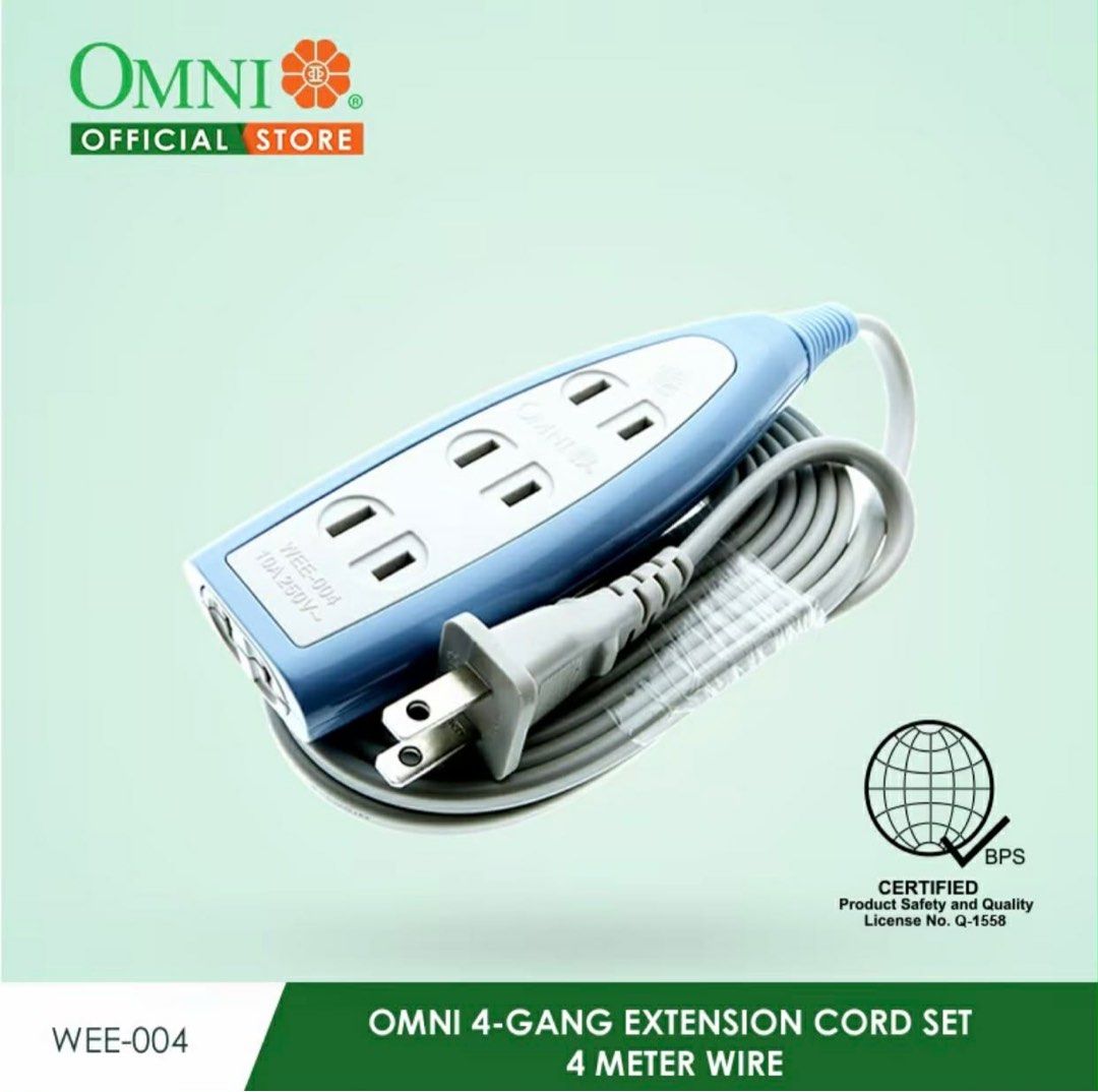 Omni WEE-004-PK (Category: Electrical, Adaptors & Sockets) located in Manila. Submitted by o.t.o_solar_xinmey_lighting (Listing ID 1409472358, Image 3). Description: •Extension cord set. •4 Gang. •4 meter wire. •2,000 watts. •10A, 250V~ .