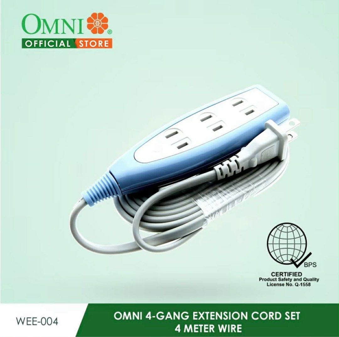 Omni WEE-004-PK (Category: Electrical, Adaptors & Sockets) located in Manila. Submitted by o.t.o_solar_xinmey_lighting (Listing ID 1409472358, Image 2). Description: •Extension cord set. •4 Gang. •4 meter wire. •2,000 watts. •10A, 250V~ .