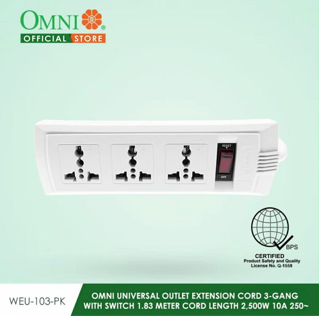 Omni WEU-103-PK (Category: Electrical, Adaptors & Sockets) located in Manila. Submitted by o.t.o_solar_xinmey_lighting (Listing ID 1409478332, Image 2). Description: •Universal outlet extension cord. •3 Gang with switch. •1.83 meter cord length. •2,500 watts. •10A, 250V.