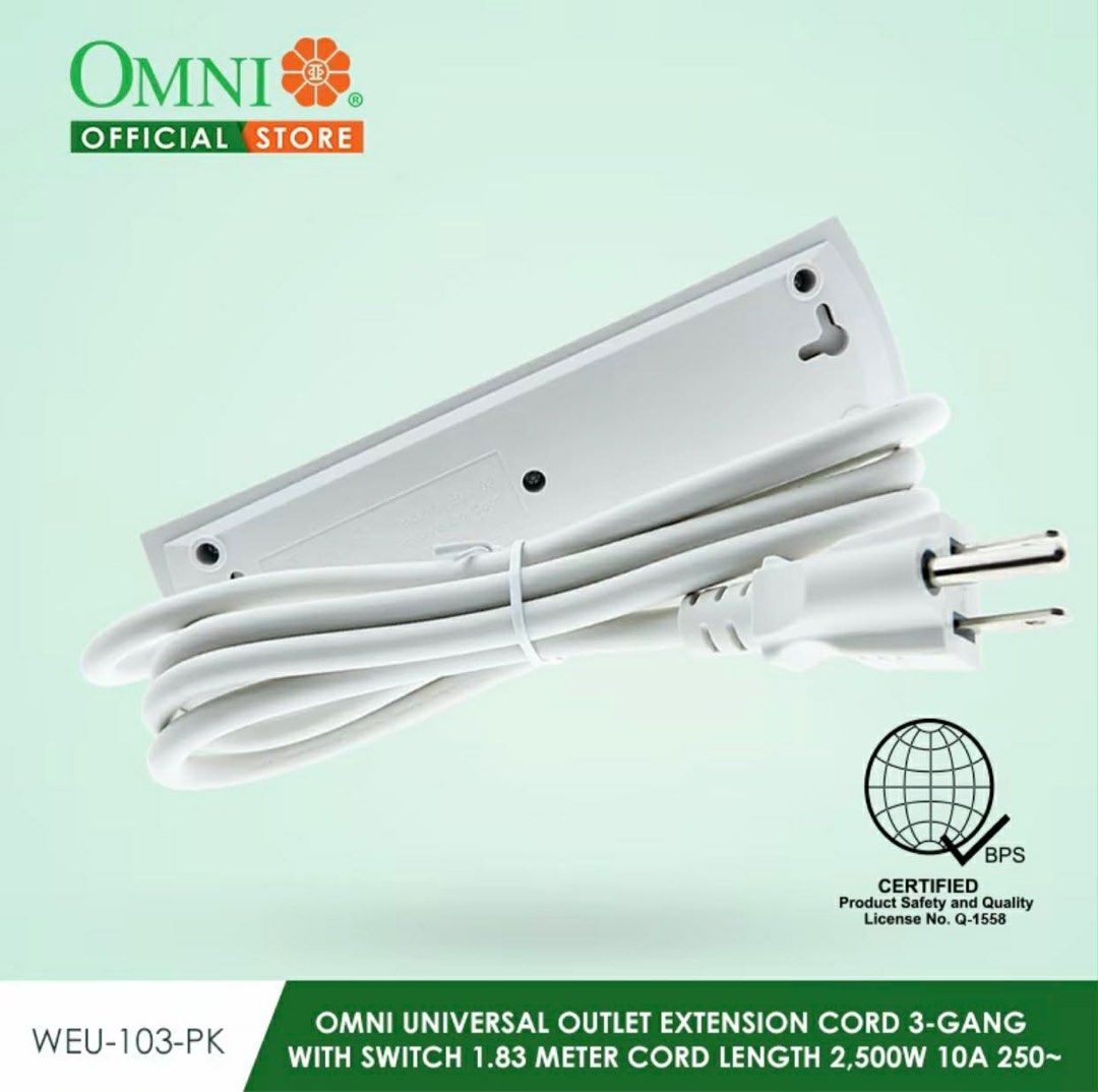 Omni WEU-103-PK (Category: Electrical, Adaptors & Sockets) located in Manila. Submitted by o.t.o_solar_xinmey_lighting (Listing ID 1409478332, Image 3). Description: •Universal outlet extension cord. •3 Gang with switch. •1.83 meter cord length. •2,500 watts. •10A, 250V.