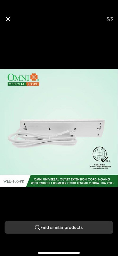 Omni WEU-105-PK (Category: Electrical, Adaptors & Sockets) located in Manila. Submitted by o.t.o_solar_xinmey_lighting (Listing ID 1409479233, Image 3). Description: •Universal outlet extension cord. •5 Gang with switch. •1.83 meter cord length. •2,500 watts. •10A, 250V.