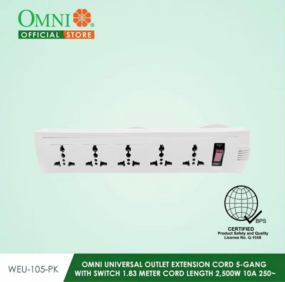 Omni WEU-105-PK (Category: Electrical, Adaptors & Sockets) located in Manila. Submitted by o.t.o_solar_xinmey_lighting (Listing ID 1409479233, Image 2). Description: •Universal outlet extension cord. •5 Gang with switch. •1.83 meter cord length. •2,500 watts. •10A, 250V.