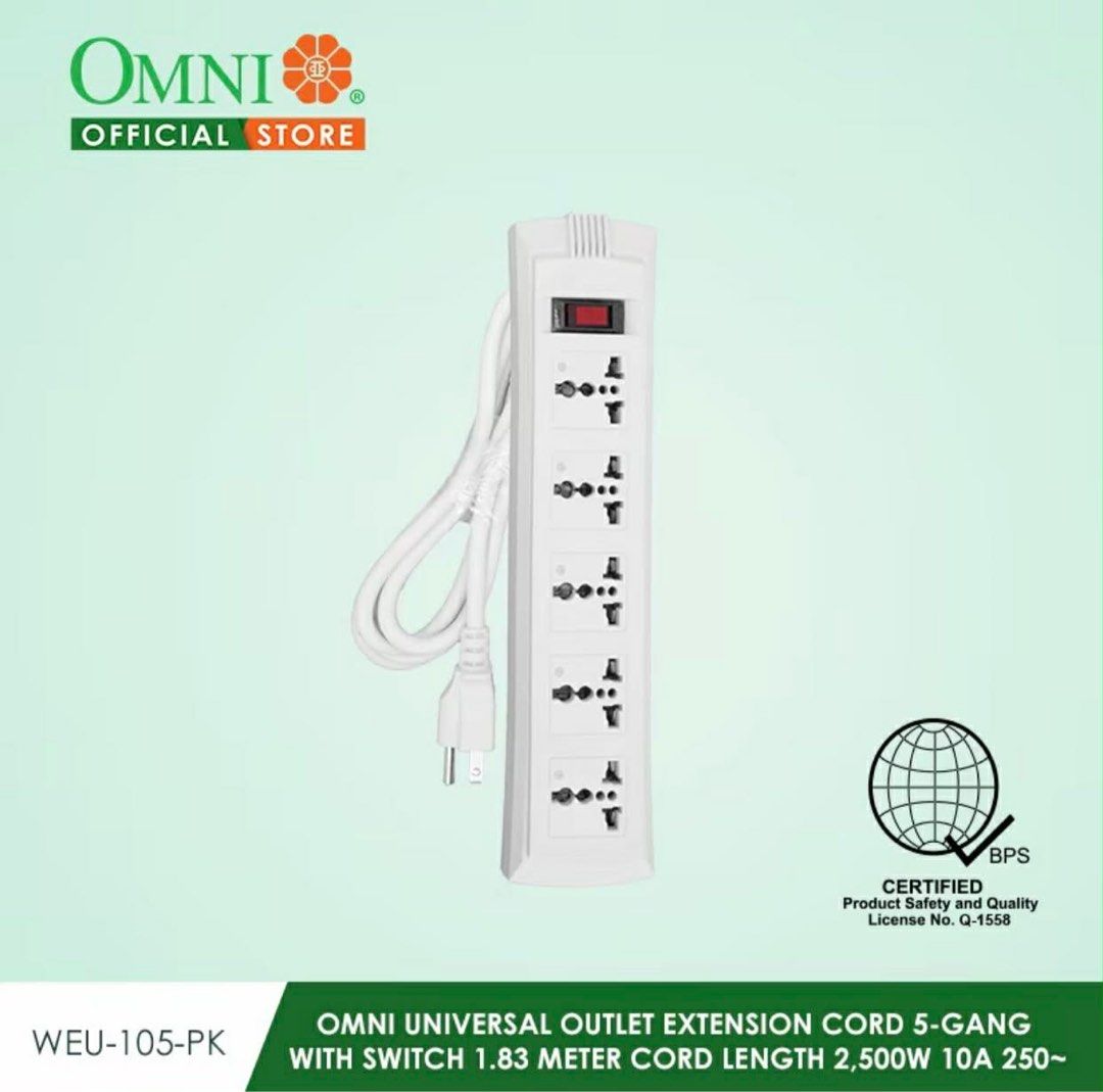 Omni WEU-105-PK (Category: Electrical, Adaptors & Sockets) located in Manila. Submitted by o.t.o_solar_xinmey_lighting (Listing ID 1409479233, Image 1). Description: •Universal outlet extension cord. •5 Gang with switch. •1.83 meter cord length. •2,500 watts. •10A, 250V.