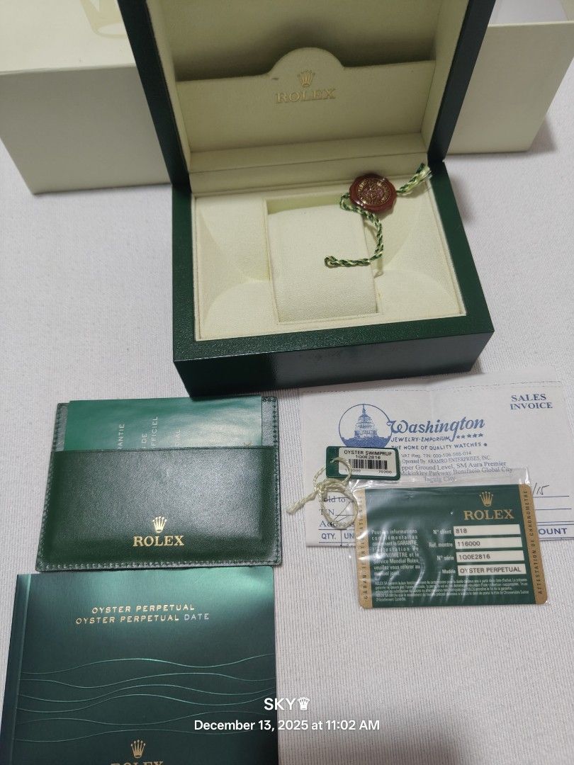 Rolex Oyster Perpetual Date box (Category: Luxury Watches) located in Quezon City. Submitted by sky_sale (Listing ID 1409615901, Image 1). Description: - Authentic Rolex Oyster Perpetual Date nox - Includes original box, papers, and warranty card - Comes with green Rolex booklet - Sales invoice from Washington included FS Rolex Oyster Perpetual box set For Model 116000 Year 2015 Authentic Original Genuine Legit .