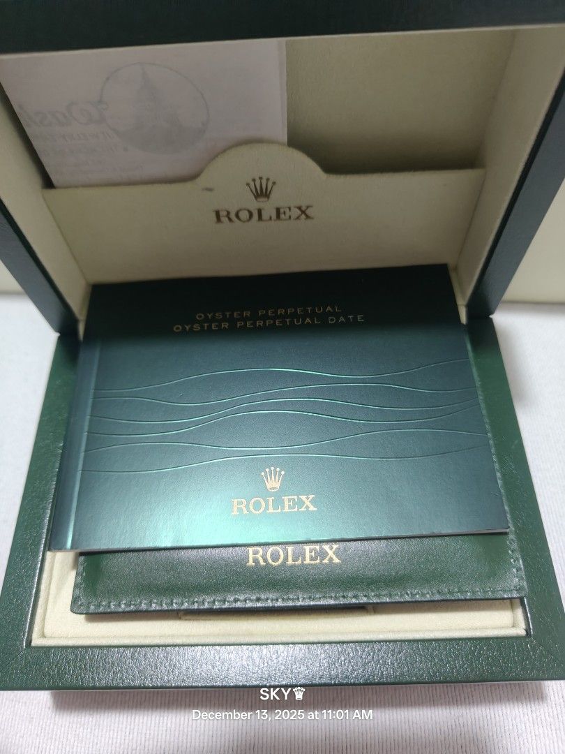 Rolex Oyster Perpetual Date box (Category: Luxury Watches) located in Quezon City. Submitted by sky_sale (Listing ID 1409615901, Image 2). Description: - Authentic Rolex Oyster Perpetual Date nox - Includes original box, papers, and warranty card - Comes with green Rolex booklet - Sales invoice from Washington included FS Rolex Oyster Perpetual box set For Model 116000 Year 2015 Authentic Original Genuine Legit .