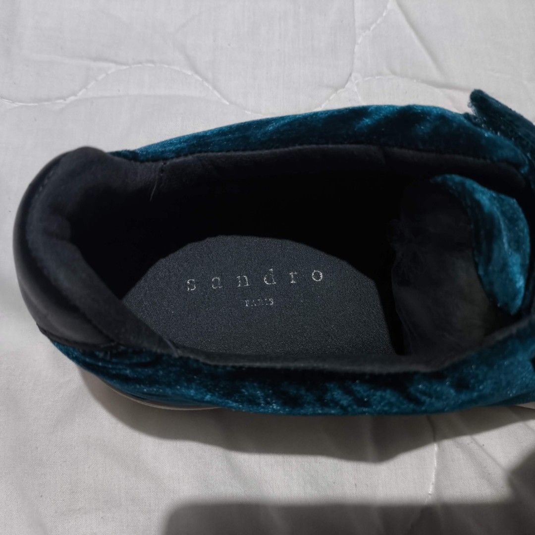 Sandro Velvet Sneakers - Size 36 (Category: Sneakers) located in Pasig City. Submitted by tomden (Listing ID 1409494369, Image 3). Description: - Sandro sneakers - Teal velvet material - Size 36 - Made in Portugal - Velcro strap closure - Thick white sole - Sandro logo on insole and sole.