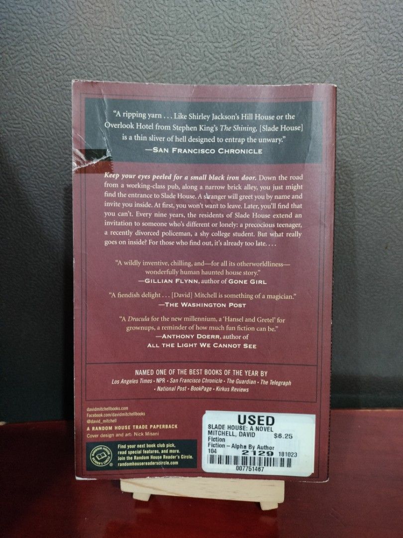 Slade House (David Mitchell) (Category: Storybooks) located in Paranaque City. Submitted by _libryan (Listing ID 1409599586, Image 2). Description: Paperback in good condition, with visible shelf wear, sticker on the back cover, and small tear on the back cover and end pages. Payment first via GCash. Delivery via Grab, Lalamove, GGX, or LBC COP. SF will be shouldered by the buyer. . . . Preloved Books Booksale Booksale PH Mystery Thriller Horror 
