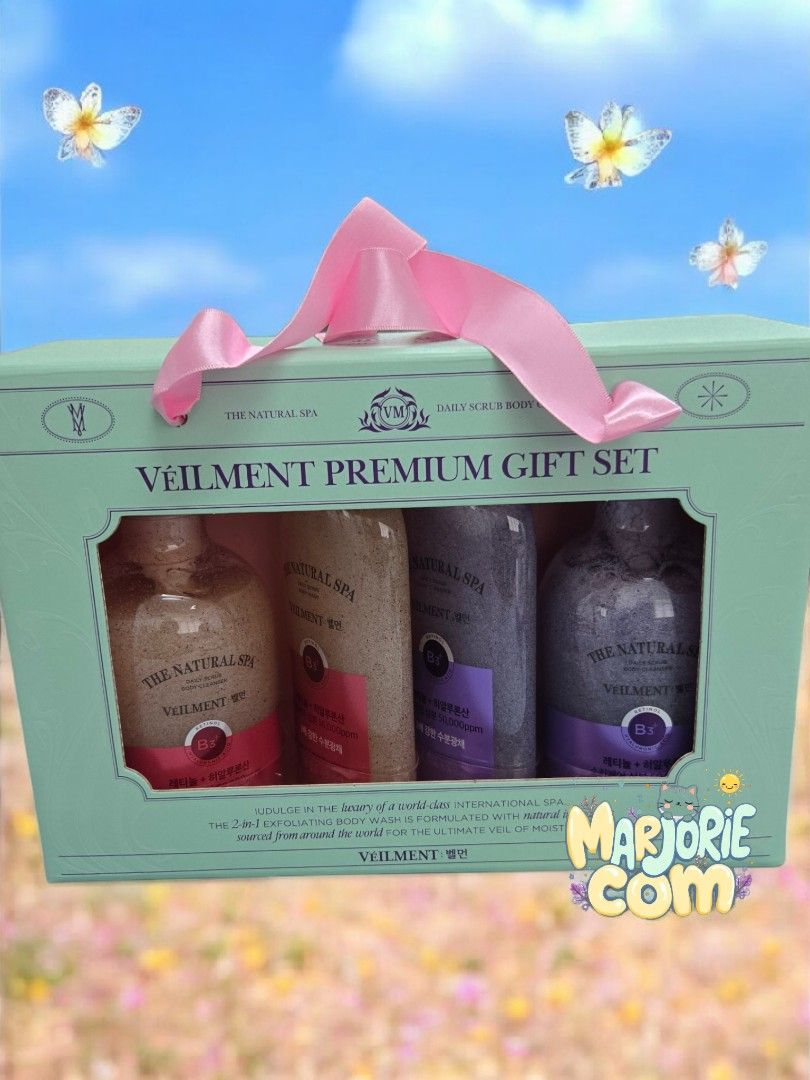 Veilment Premium Gift Set (Category: Makeup) located in Taytay. Submitted by smiggleavenue (Listing ID 1409614498, Image 1). Description: - Veilment Premium Gift Set - Features multiple bath products - Packaged in a light green box - Includes a pink ribbon handle - Bottles inside have various colors and labels - Box is labeled with "Premium Gift Set".