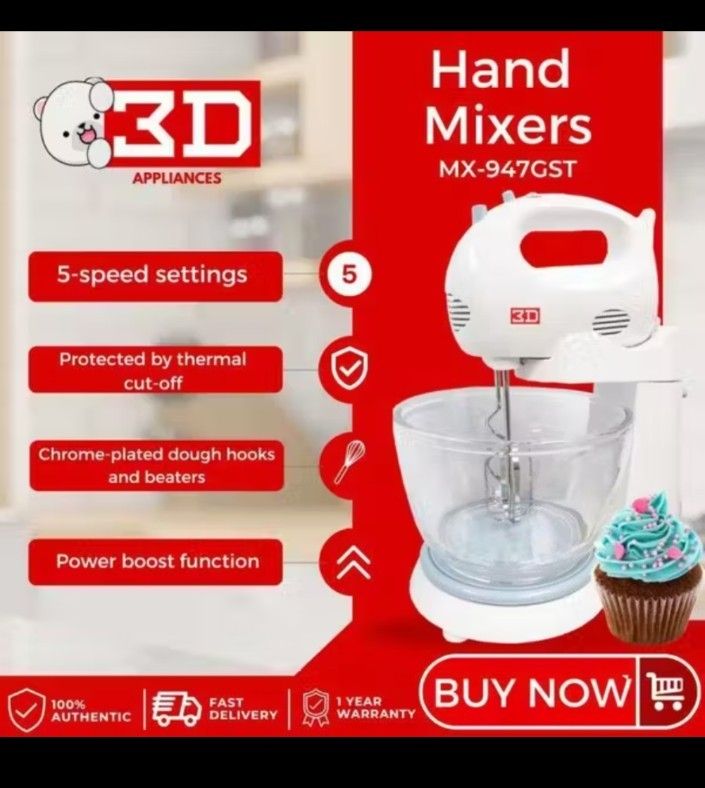 3D Stand mixer with glass bowl (Category: Hand & Stand Mixers) located in Calamba. Submitted by icee14 (Listing ID 1409696206, Image 2). Description: got as a raffle prize. selling low. pick up only or meet up..SM Calamba.